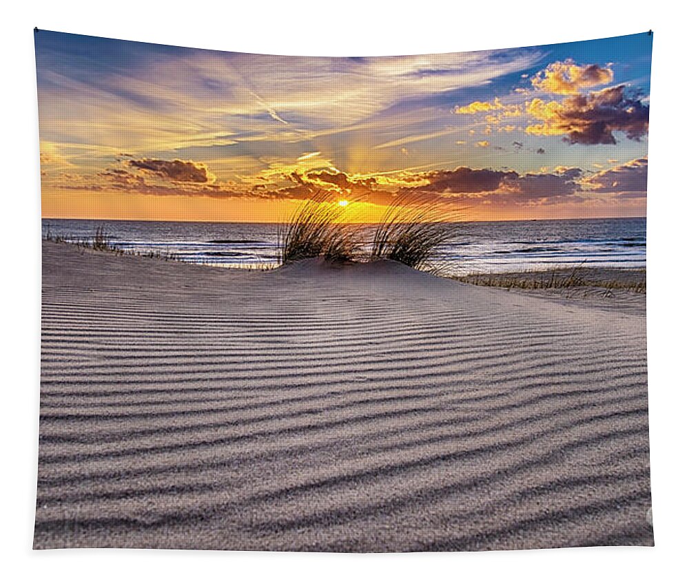Beach Tapestry featuring the photograph Dutch Sunset from a sand dune by Alex Hiemstra