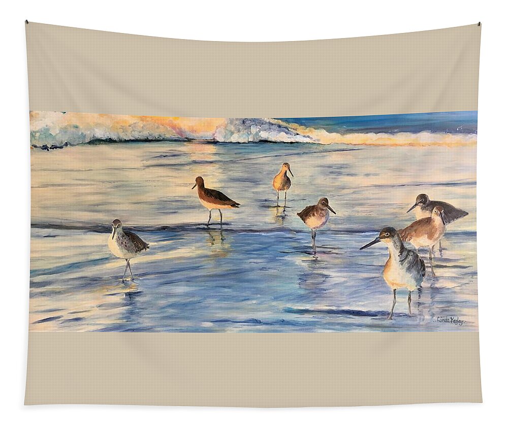Sea Birds Tapestry featuring the painting Early Morning Waders by Linda Kegley