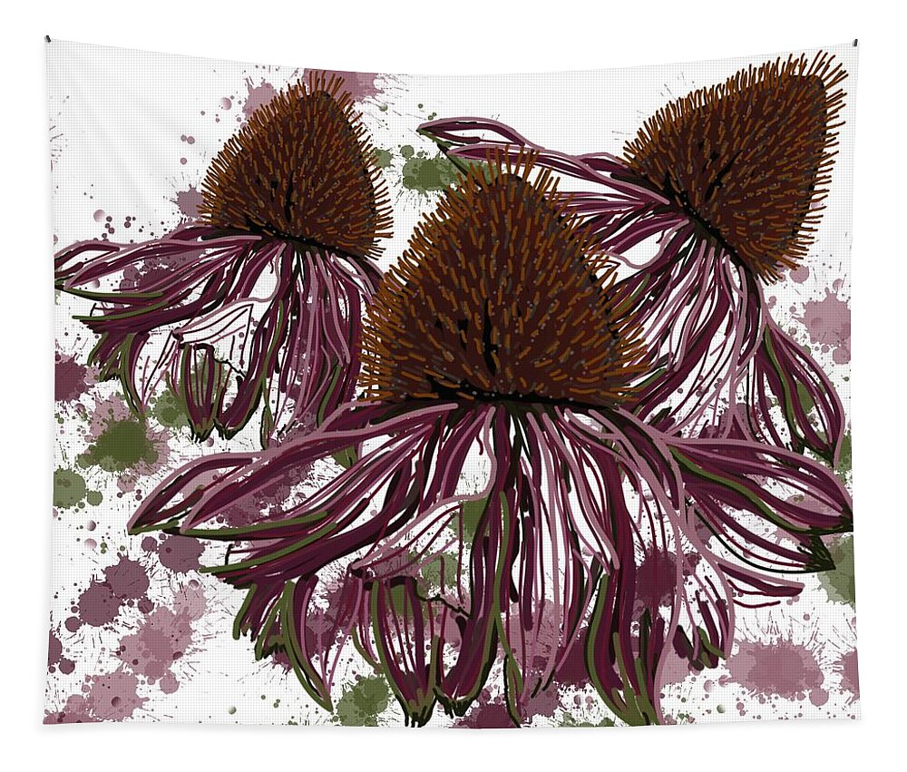 Modern Abstract Tapestry featuring the drawing Echinacea Flowers Line by Joan Stratton