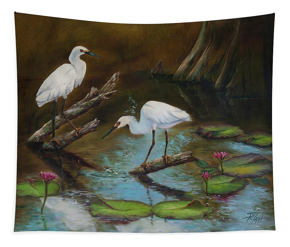 Egrets Tapestry featuring the painting Two Egrets--Missed Again by Lynne Pittard