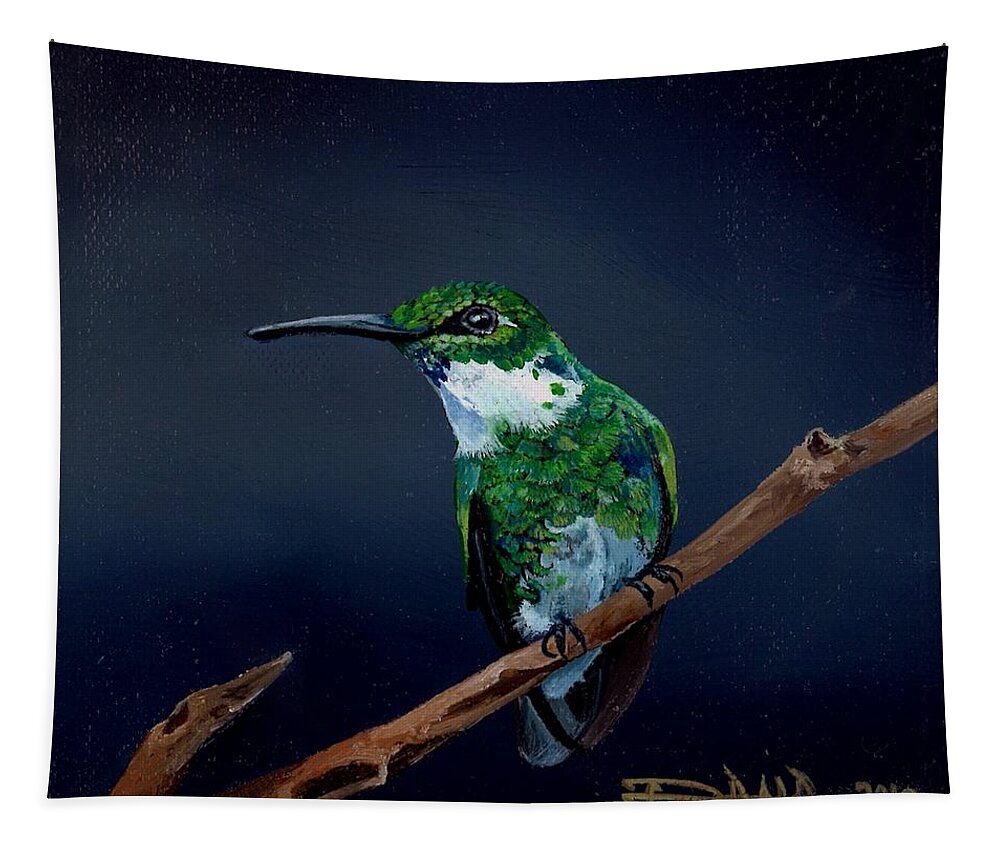 Birds Tapestry featuring the painting Emerald Hummer by Dana Newman