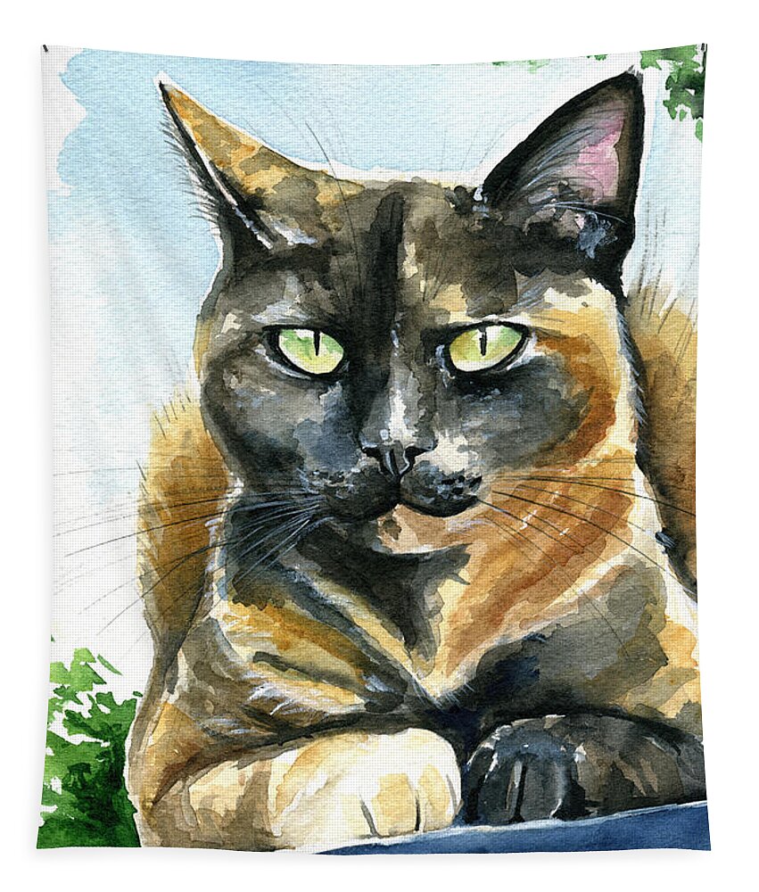 Cat Tapestry featuring the painting Emmy Tortoiseshell Cat Painting by Dora Hathazi Mendes
