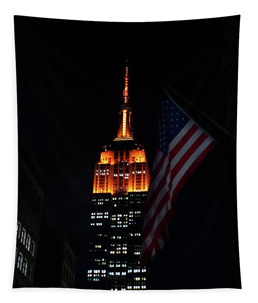 Chrysler Building Tapestry featuring the photograph Empire State Building American Flag by Crystal Wightman