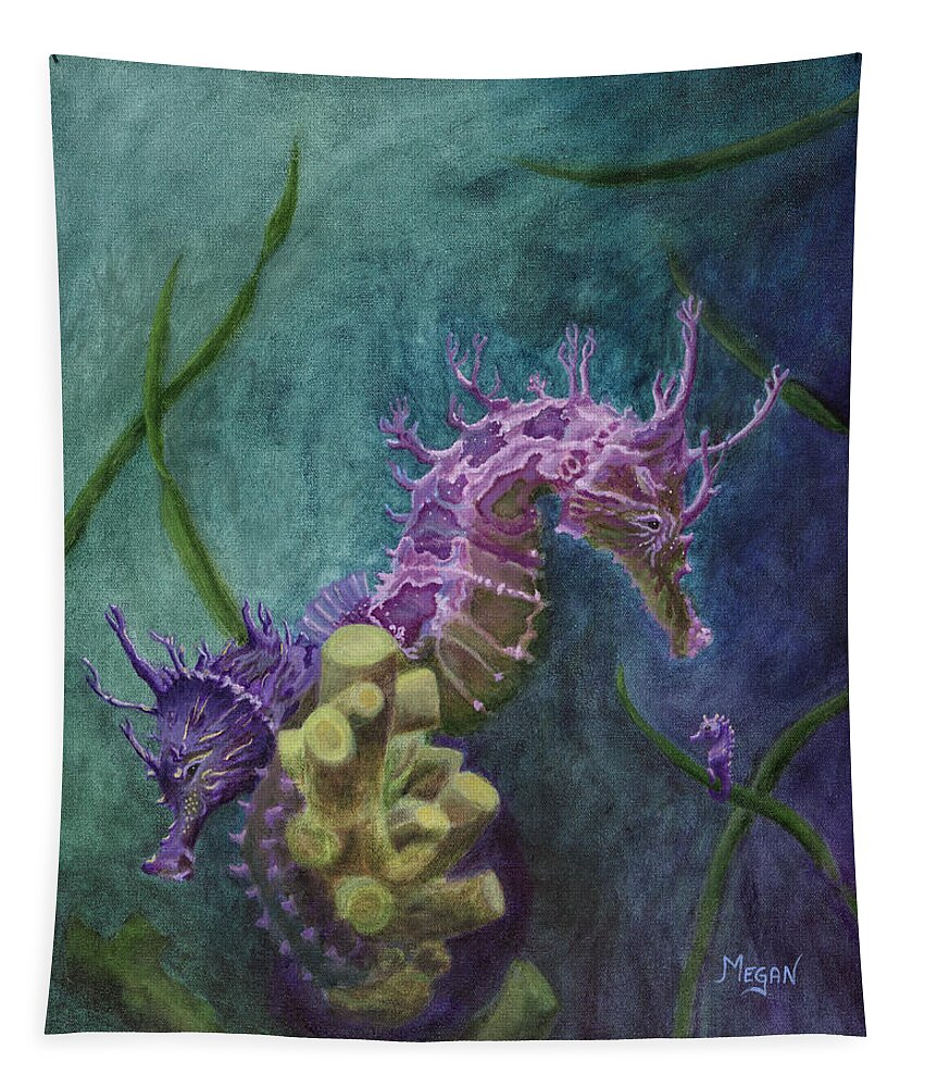 Maned Seahorse Tapestry featuring the painting Entwined Seahorses by Megan Collins