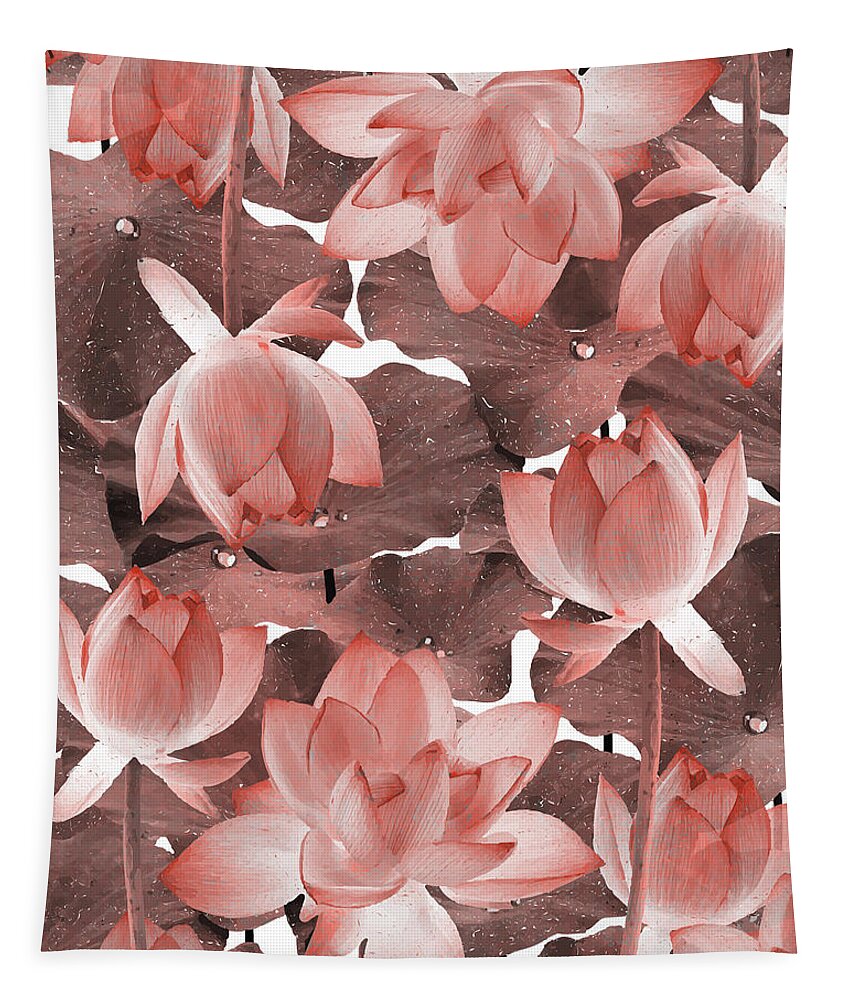 Lotus Tapestry featuring the mixed media Ethereal Red Lotus Flower - Tropical, Botanical Art - Red Water Lily - Lotus Pattern - Red, Brown by Studio Grafiikka