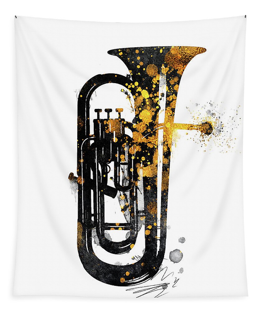 Music Tapestry featuring the digital art Euphonium music art gold and black by Justyna Jaszke JBJart