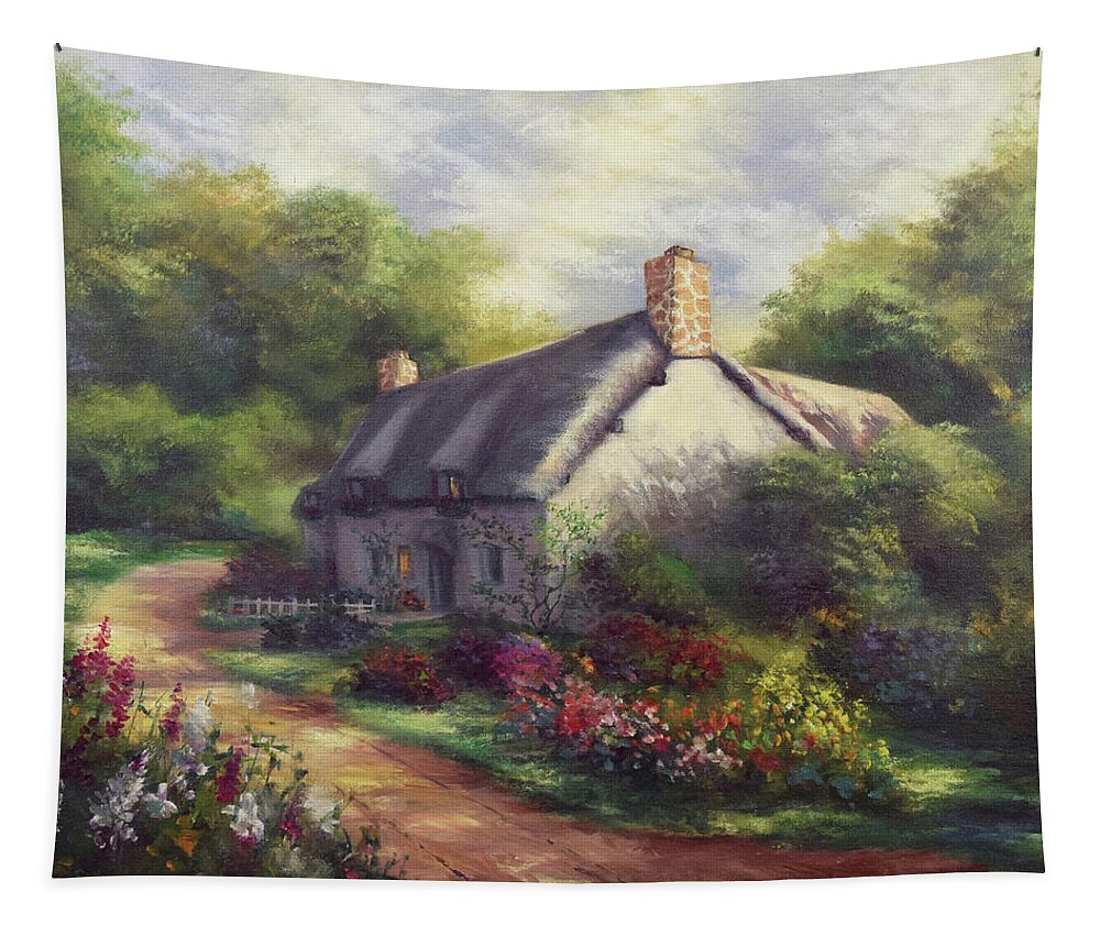 European Cottage Tapestry featuring the painting European Cottage III by Lynne Pittard