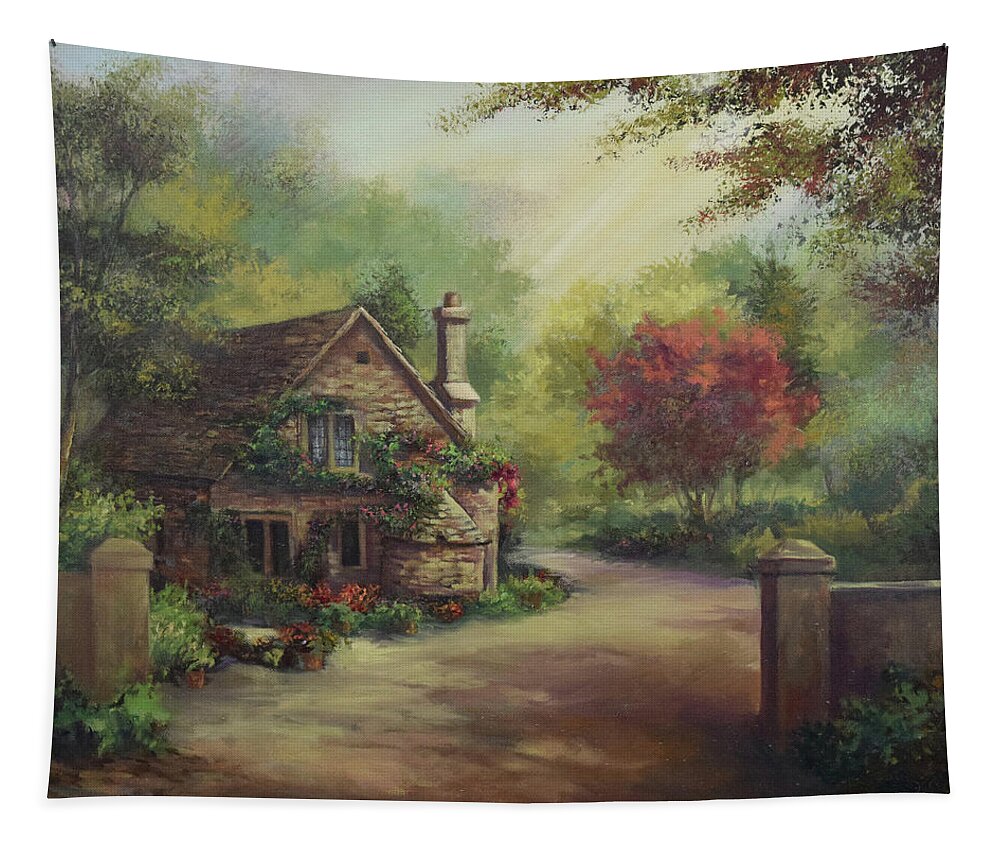 European Cottage Tapestry featuring the painting European Cottage I by Lynne Pittard