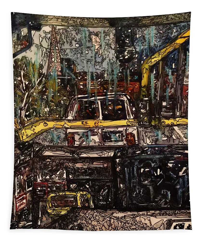 Evening Tapestry featuring the mixed media Evening Bus Ride 3 by Angela Weddle