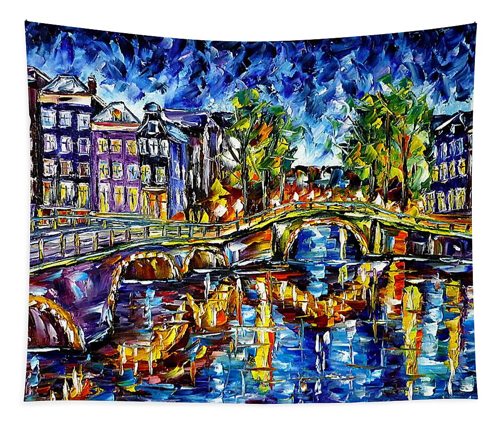 Holland Painting Tapestry featuring the painting Evening Mood In Amsterdam by Mirek Kuzniar
