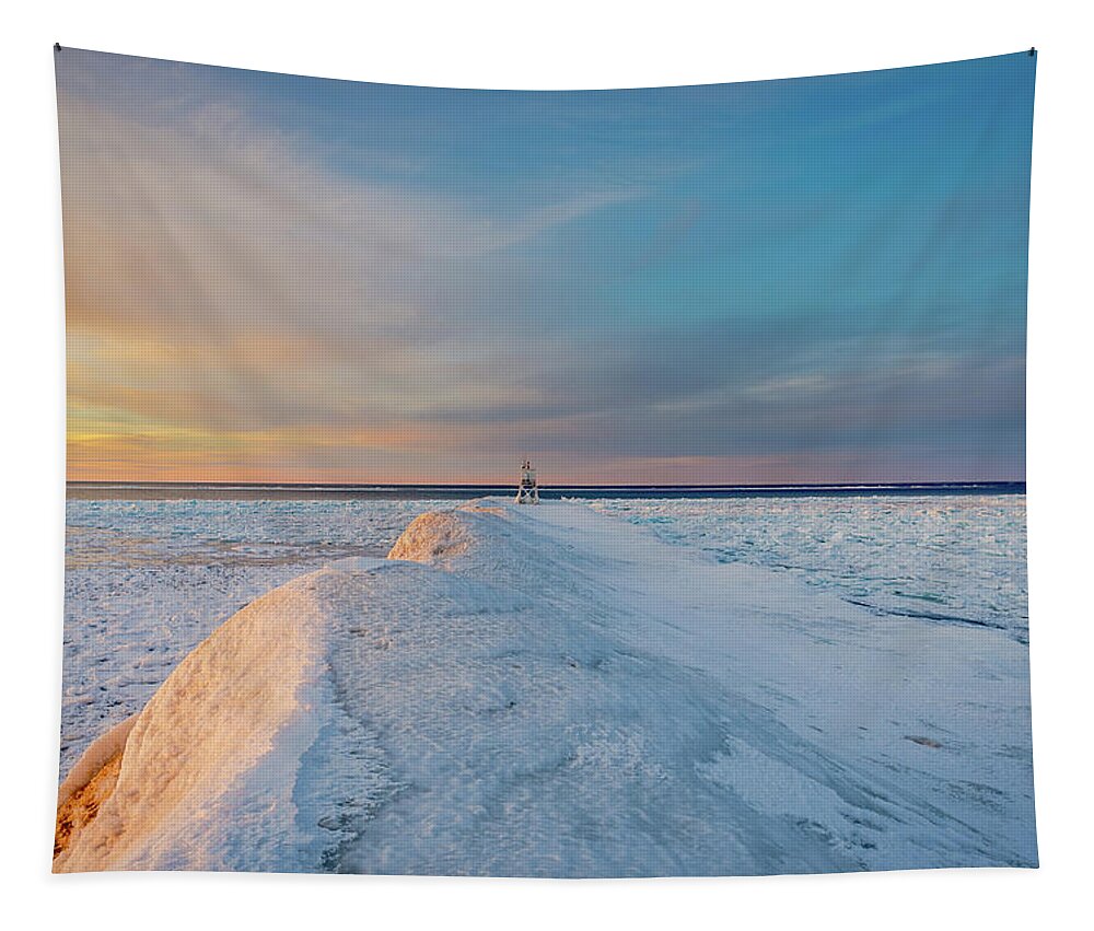 Grand Marais Mi Tapestry featuring the photograph Winter evening on the Break Wall by Gary McCormick