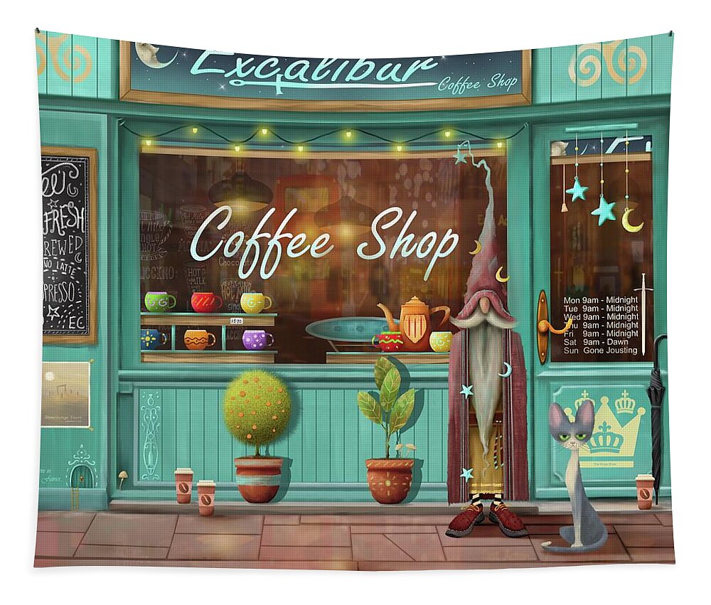 Coffee Shop Tapestry featuring the painting Excalibur Coffee Shop by Joe Gilronan