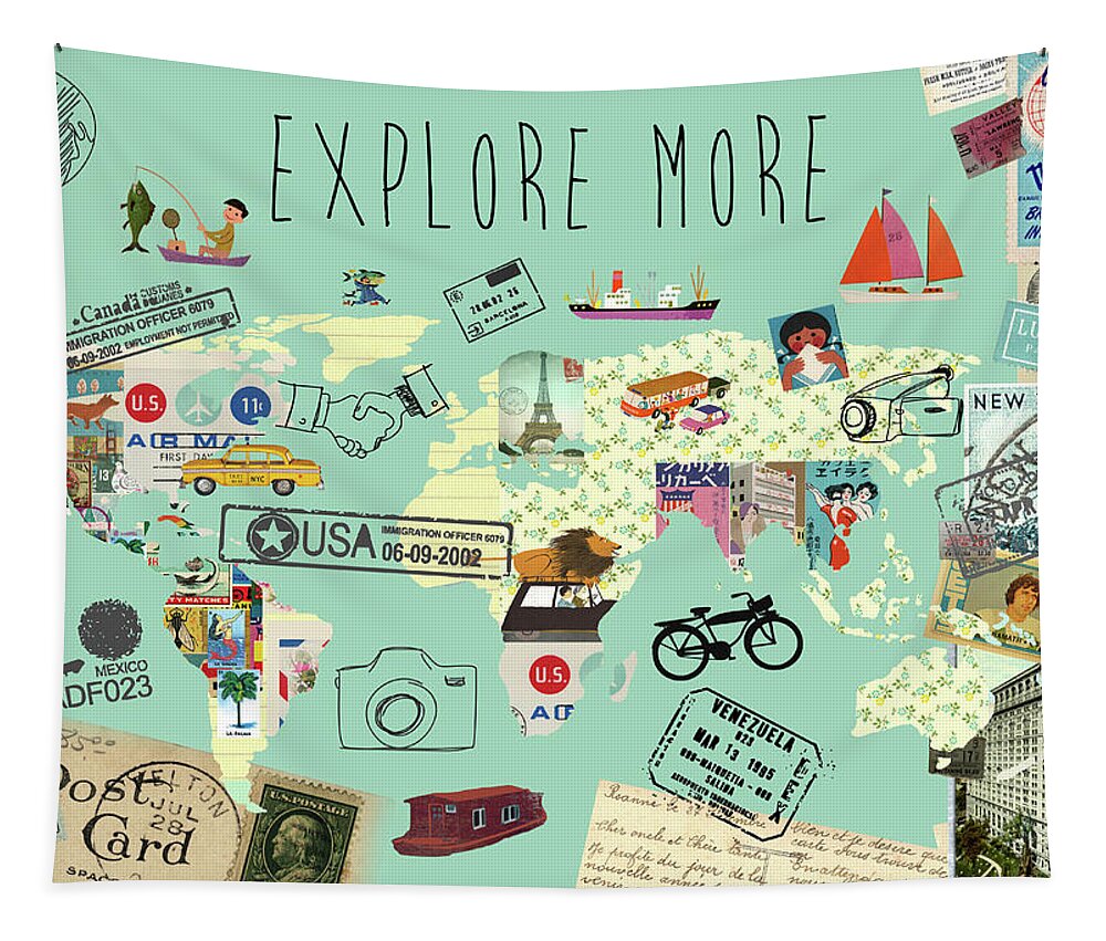 Exlore More World Map Tapestry featuring the mixed media Exlore more world map by Claudia Schoen