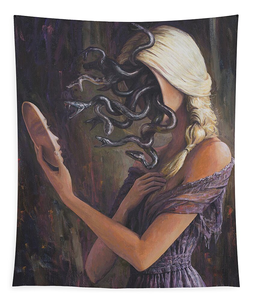 Portrait Tapestry featuring the painting Facing Myfelf by Adrian Borda