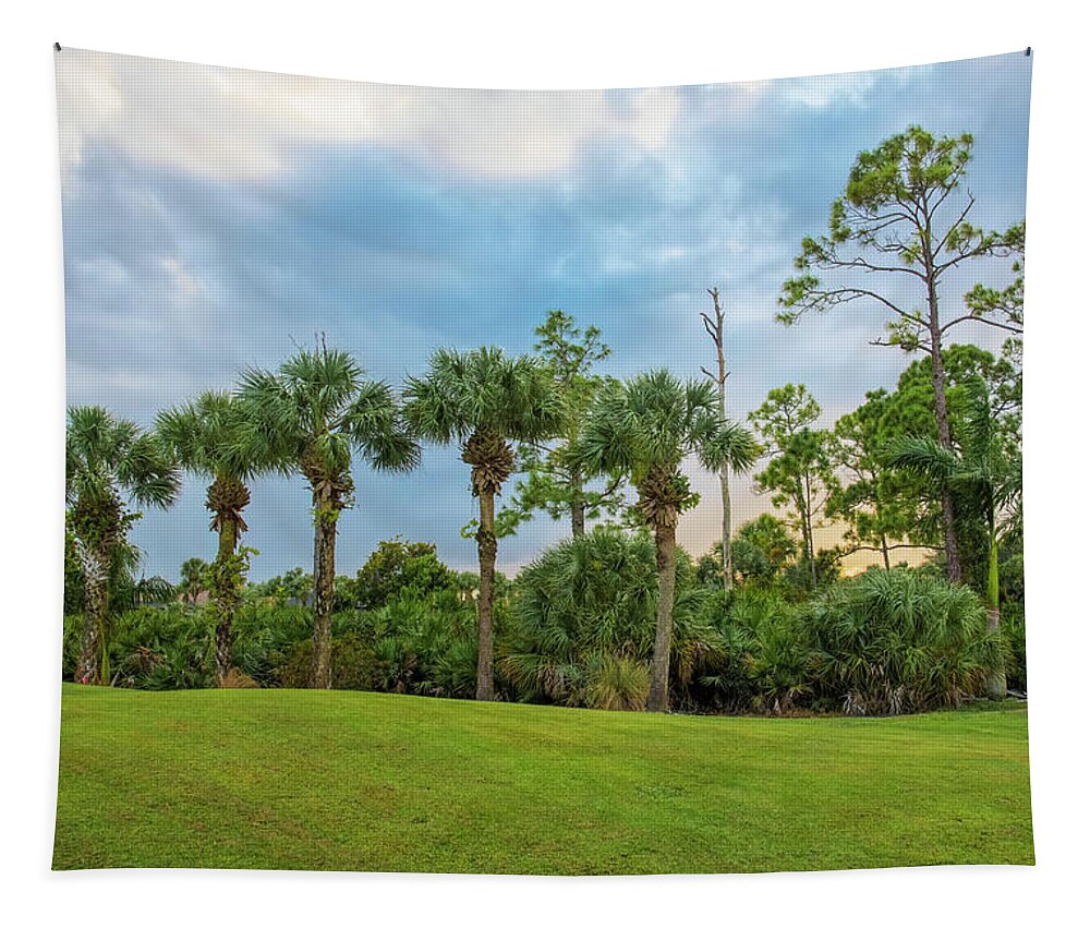 Palm Tree Tapestry featuring the photograph Fairway Palms Evening by Ginger Stein