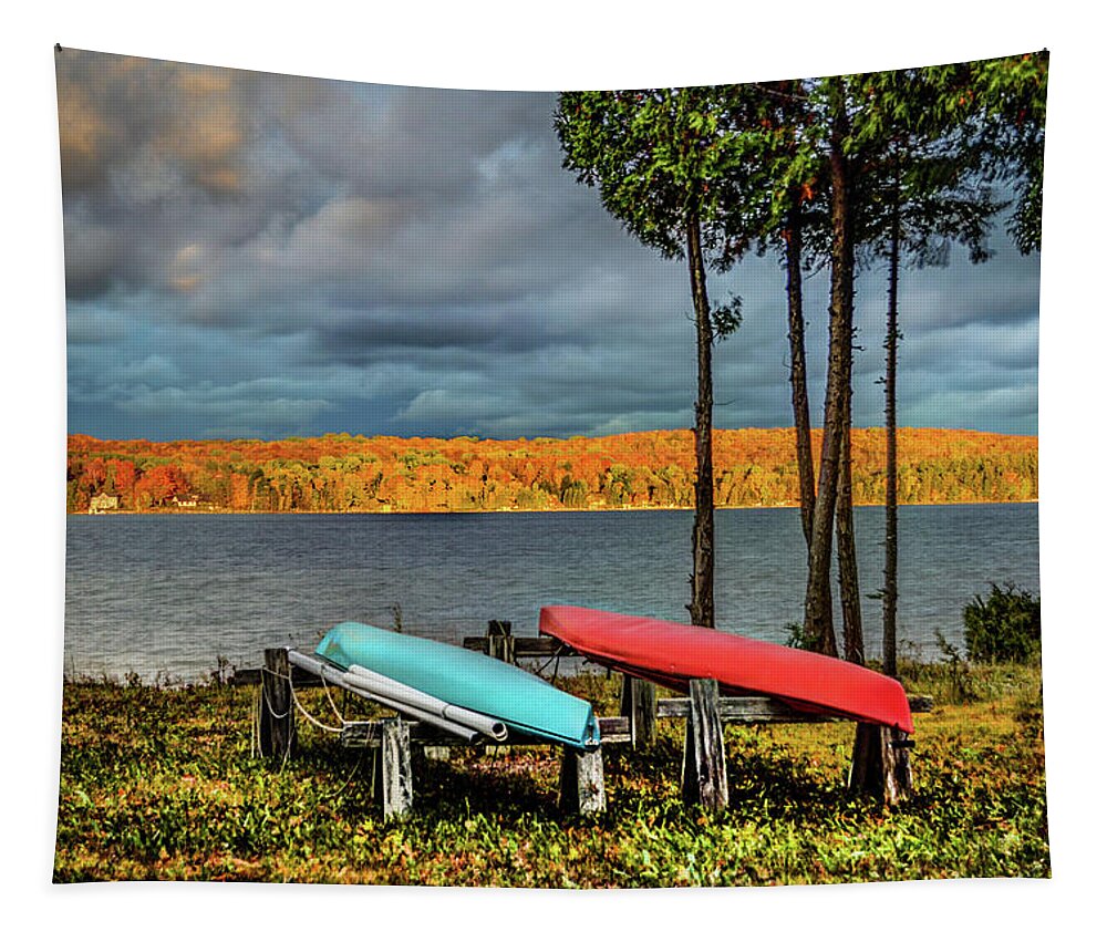 Fall Tapestry featuring the digital art Fall Color and Kayaks DSC_0626 by Michael Thomas