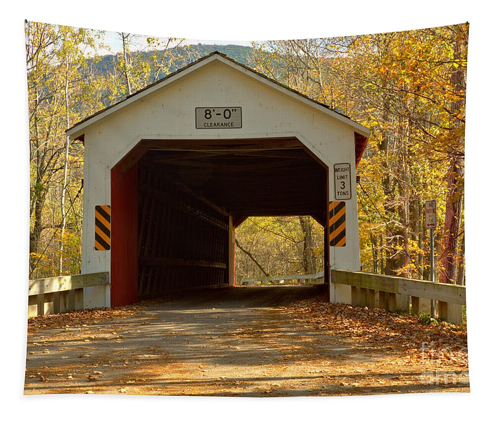 Eagleville Covered Bridge Tapestry featuring the photograph Fall Colors At The Eagleville Covered Bridge by Adam Jewell