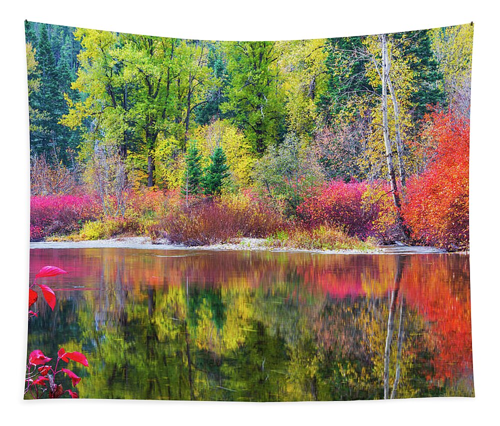 Outdoor; Fall; Colors; Autumn; River; Reflection; Nason Creek; Cascade; Central Cascade; Washington Beauty; Pacific North West; Washington; Washington State Tapestry featuring the digital art Fall colors in central Cascade by Michael Lee