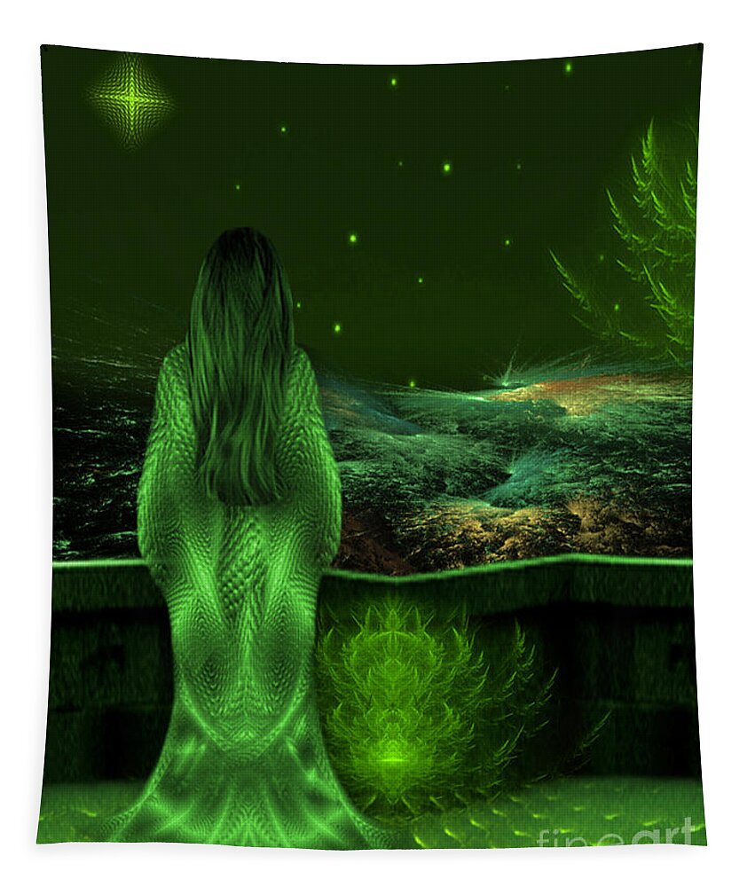 Wishing Tapestry featuring the digital art Fantasy art - Wishing upon a star in a green night by RGiada by Giada Rossi