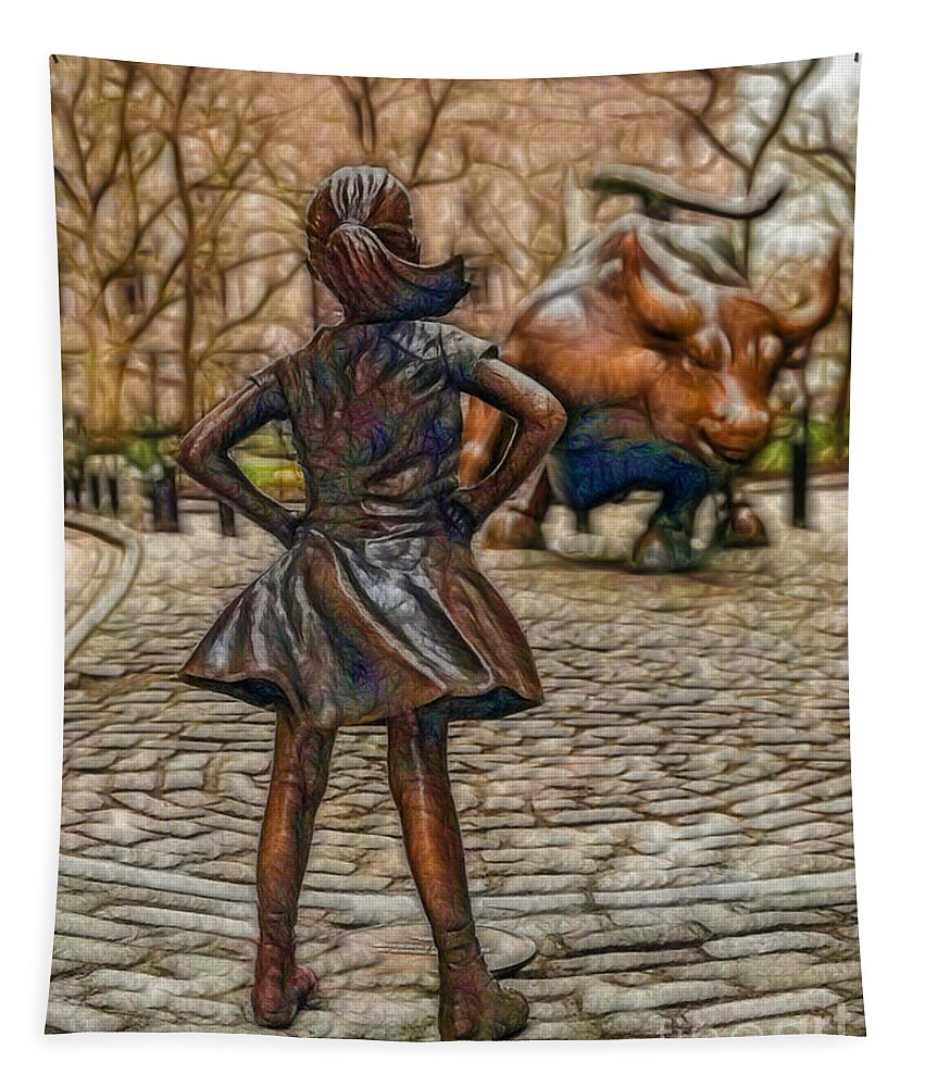 Computer Tapestry featuring the photograph Vintage Fearless Girl and Wall Street Bull Statue #3 by Doc Braham
