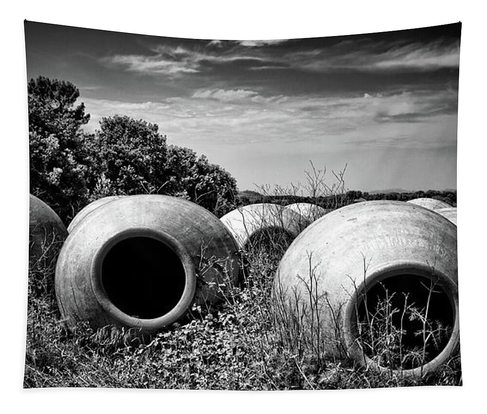 Pots Tapestry featuring the photograph Feed me - black and white by Tatiana Travelways