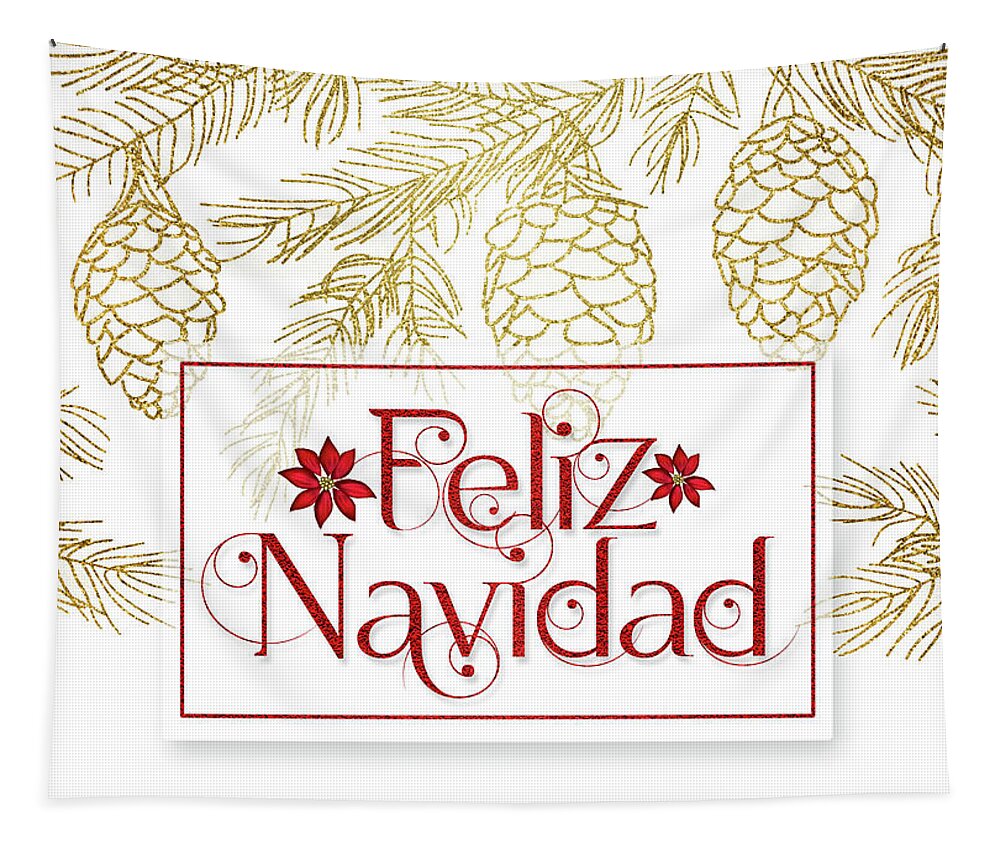 Christmas Tapestry featuring the digital art Feliz Navidad Golden Pines with Red Typography by Doreen Erhardt