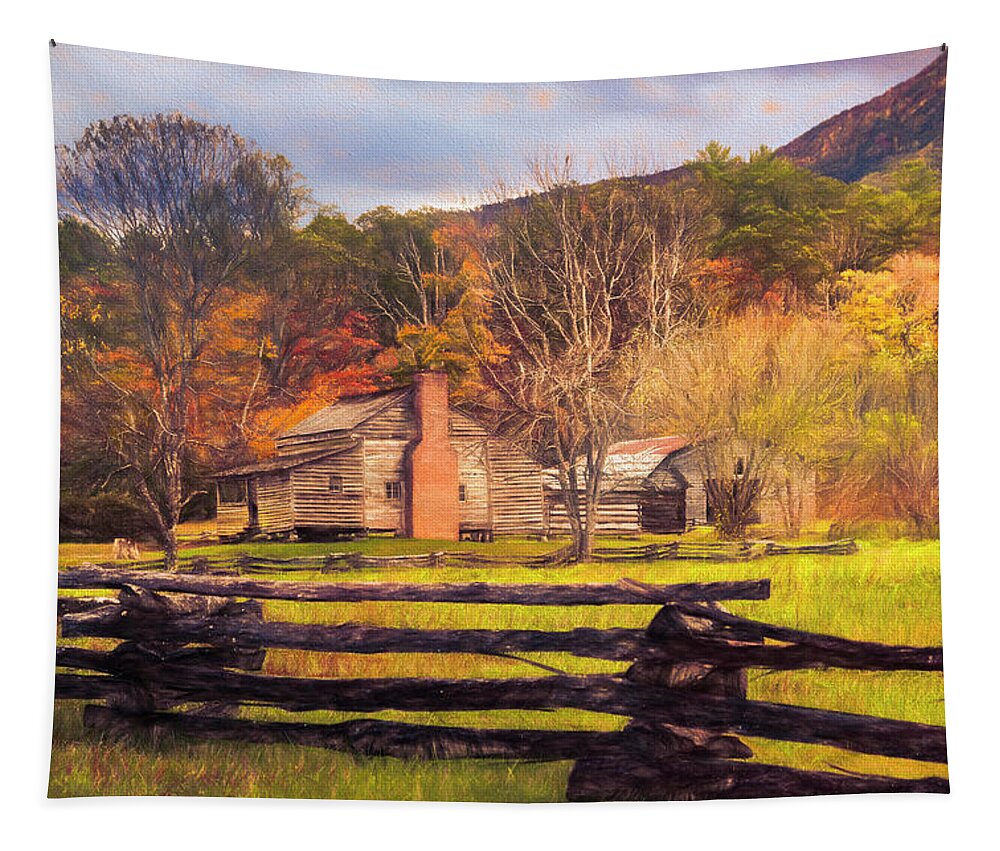 Barn Tapestry featuring the photograph Fences and Cabins Cades Cove Oil Painting by Debra and Dave Vanderlaan