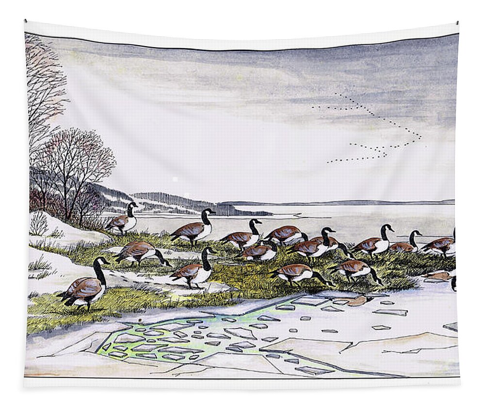 Birds Tapestry featuring the mixed media First Arrivals by Art MacKay