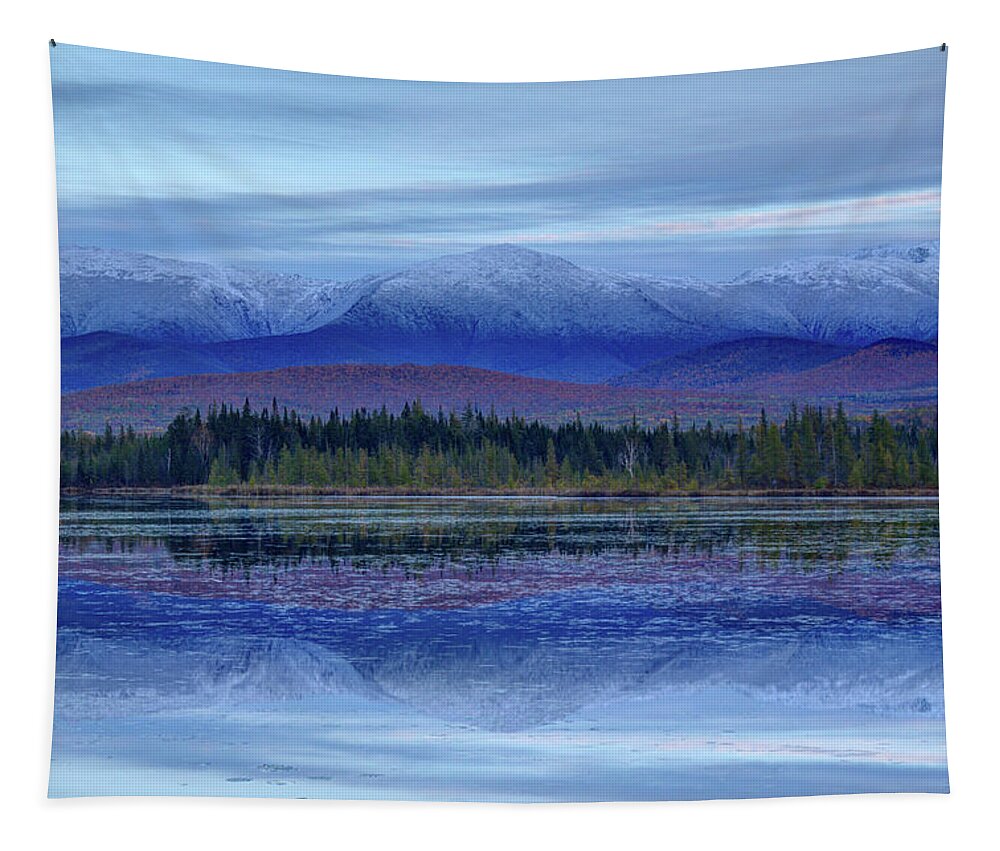First Tapestry featuring the photograph First Snow from Cherry Pond by White Mountain Images