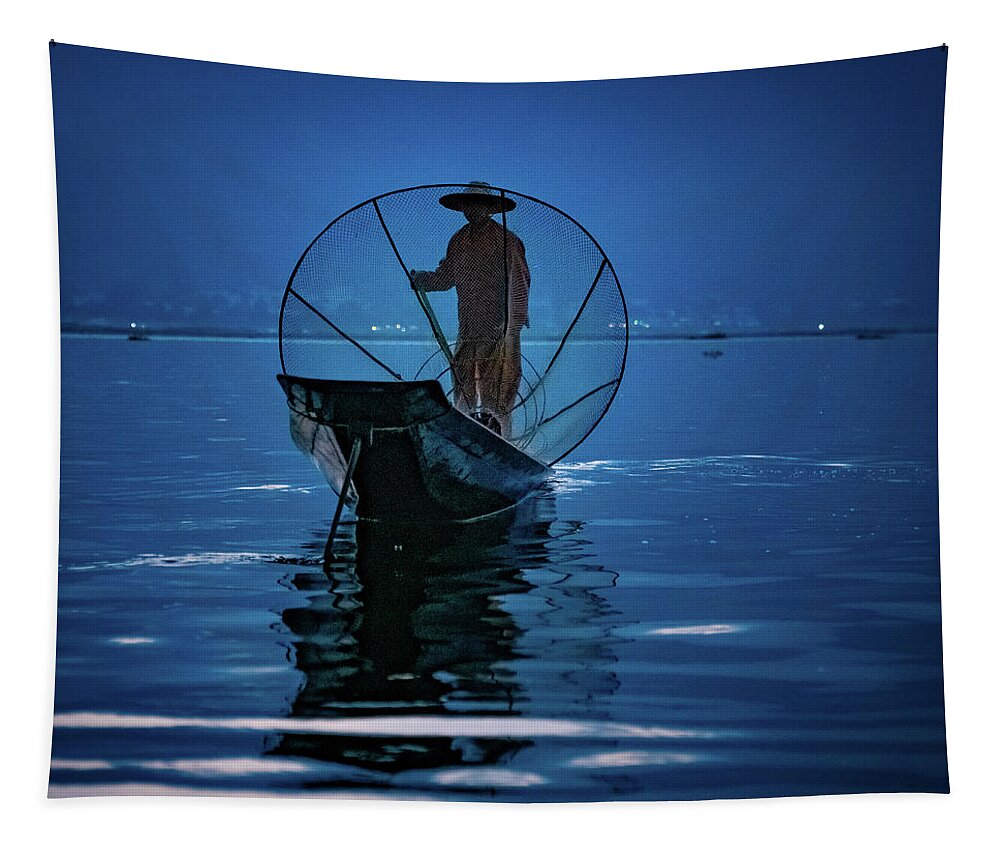 Myanmar Tapestry featuring the photograph Fisherman At First Light On Inle Lake by Chris Lord
