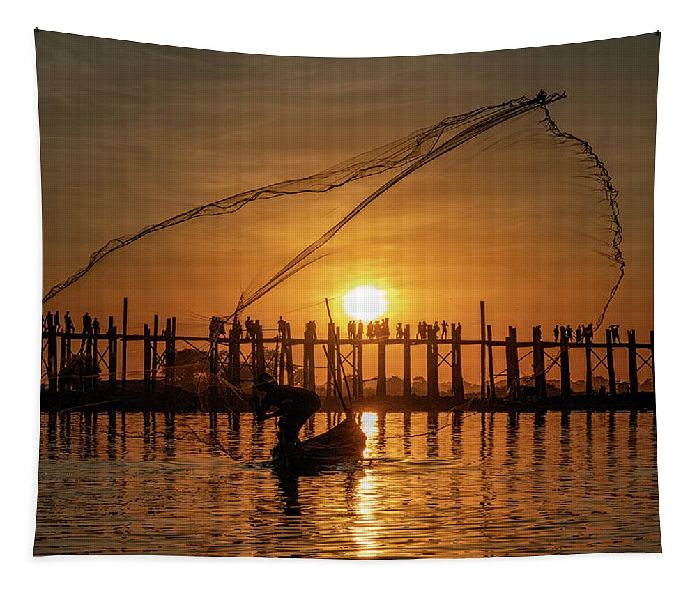 Fisherman Tapestry featuring the photograph Fisherman On Taungthaman Lake by Chris Lord