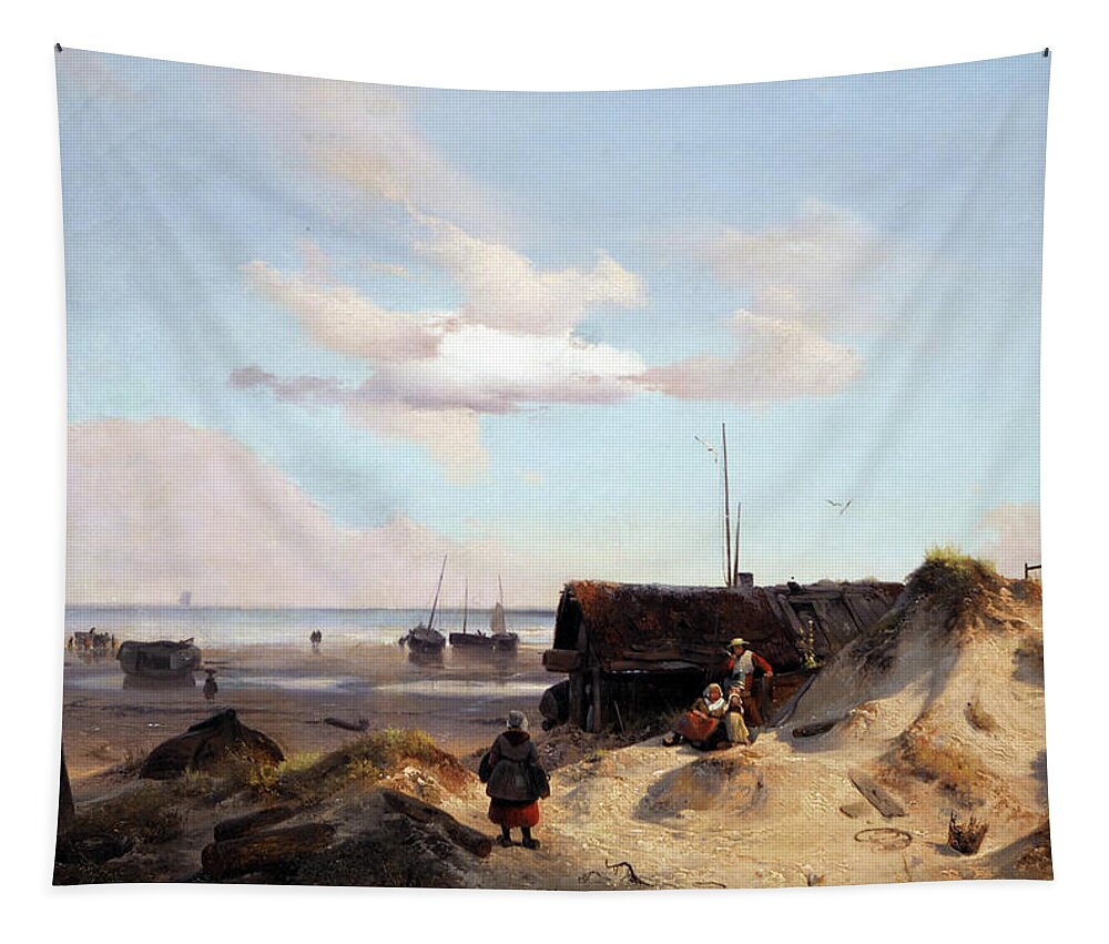Sand Dunes Tapestry featuring the painting Fisherman's Cottage in the Dunes by Andreas Achenbach