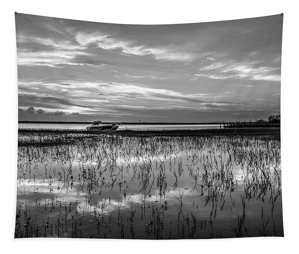 Boats Tapestry featuring the photograph Fishing Boat at the Lake in Black and White by Debra and Dave Vanderlaan