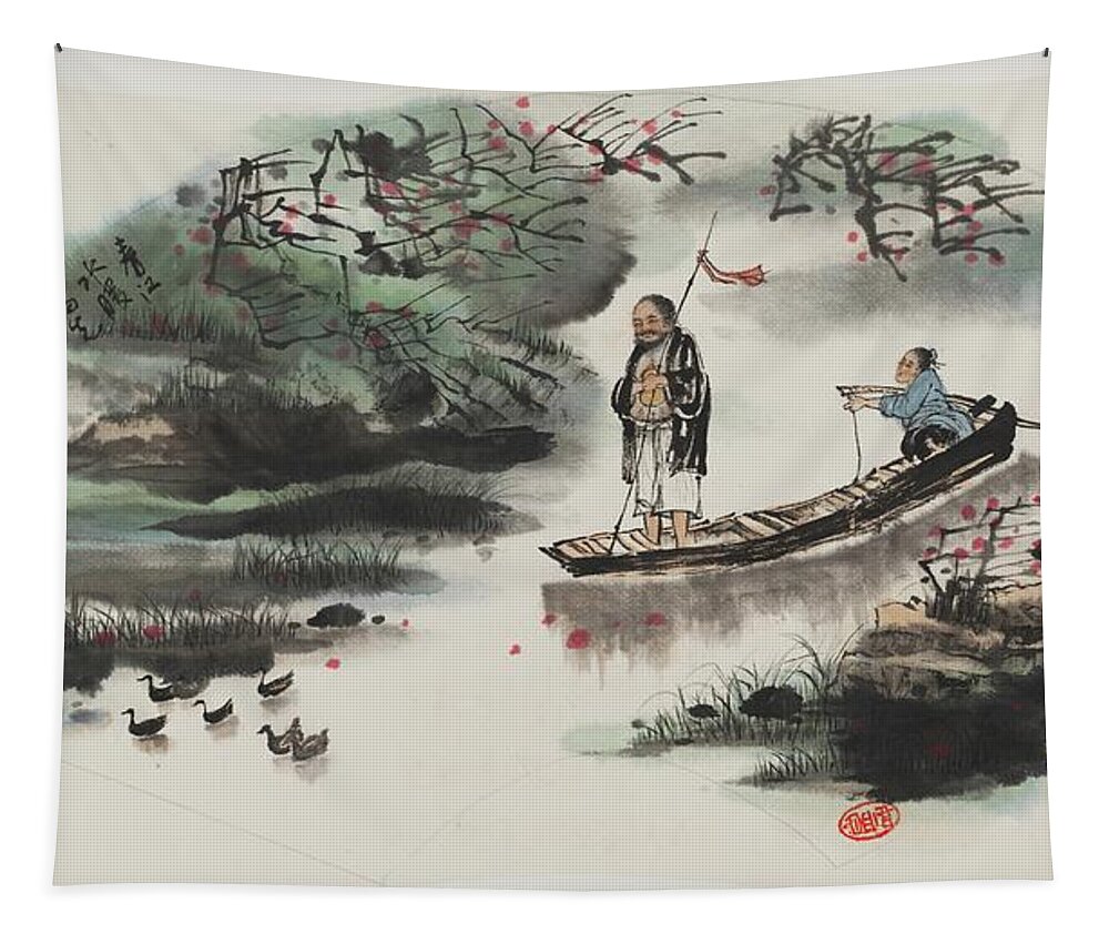 Chinese Watercolor Tapestry featuring the painting Shepherding the Flock of Ducks Home at Days End by Jenny Sanders
