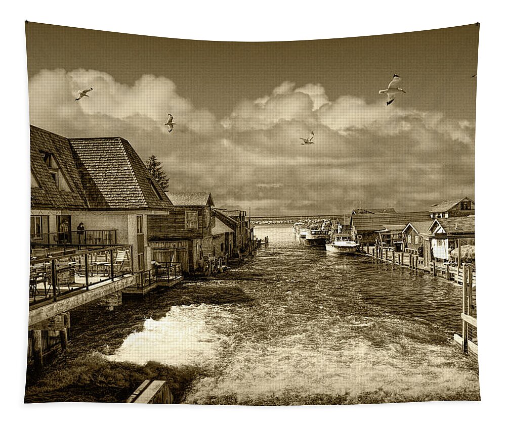Vacation Tapestry featuring the photograph Fishtown in Leland Michigan in Sepia Tone by Randall Nyhof