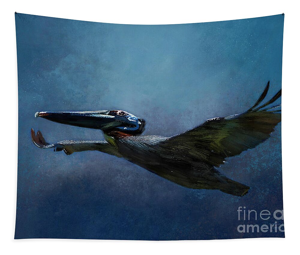 Bird Tapestry featuring the mixed media Flight Of The Pelican by Marvin Spates