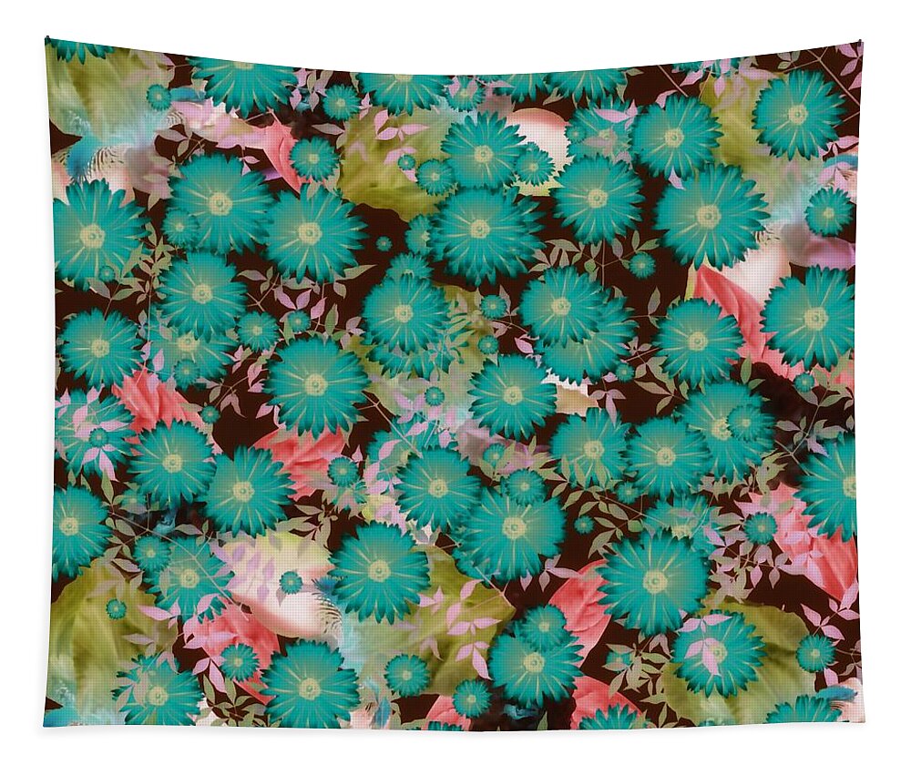 Flower Tapestry featuring the mixed media Floral Flurry Blue Green by Rachel Hannah