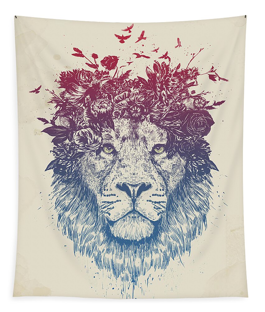 Lion Tapestry featuring the drawing Floral lion III by Balazs Solti