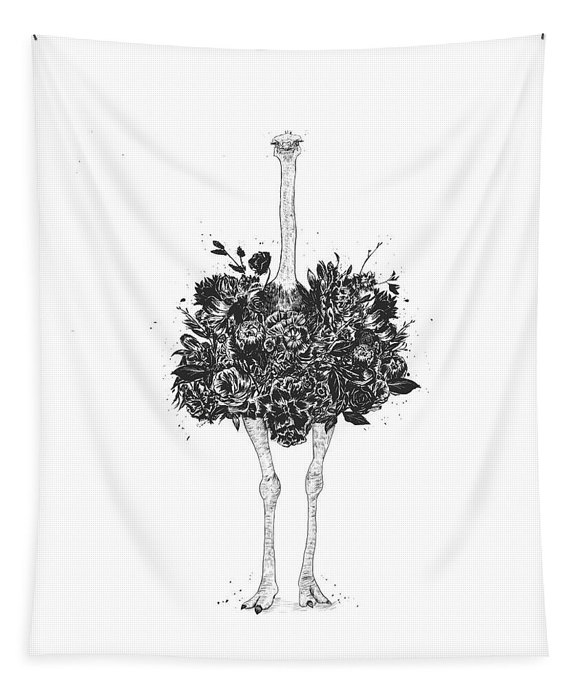 Ostrich Tapestry featuring the drawing Floral ostrich by Balazs Solti