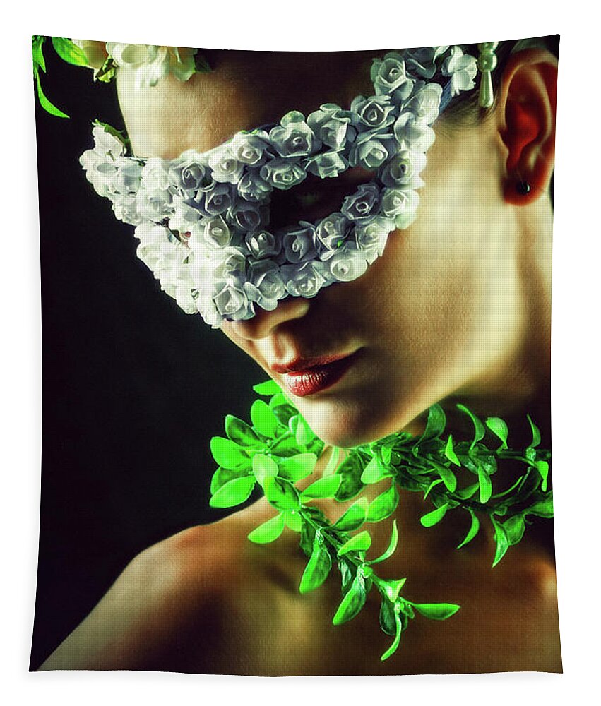 Art Tapestry featuring the photograph Flower Princess Woman wearing masquerade carnival mask by Dimitar Hristov
