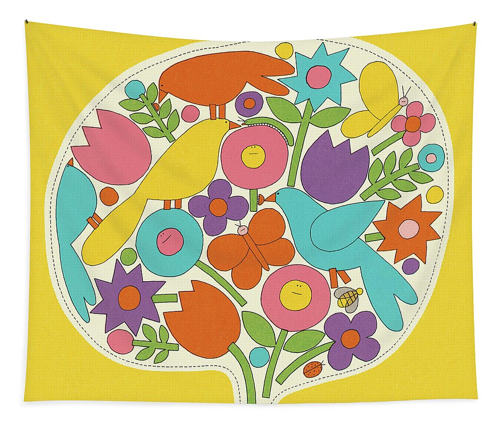 Abstract Tapestry featuring the drawing Flowers and Birds by CSA Images