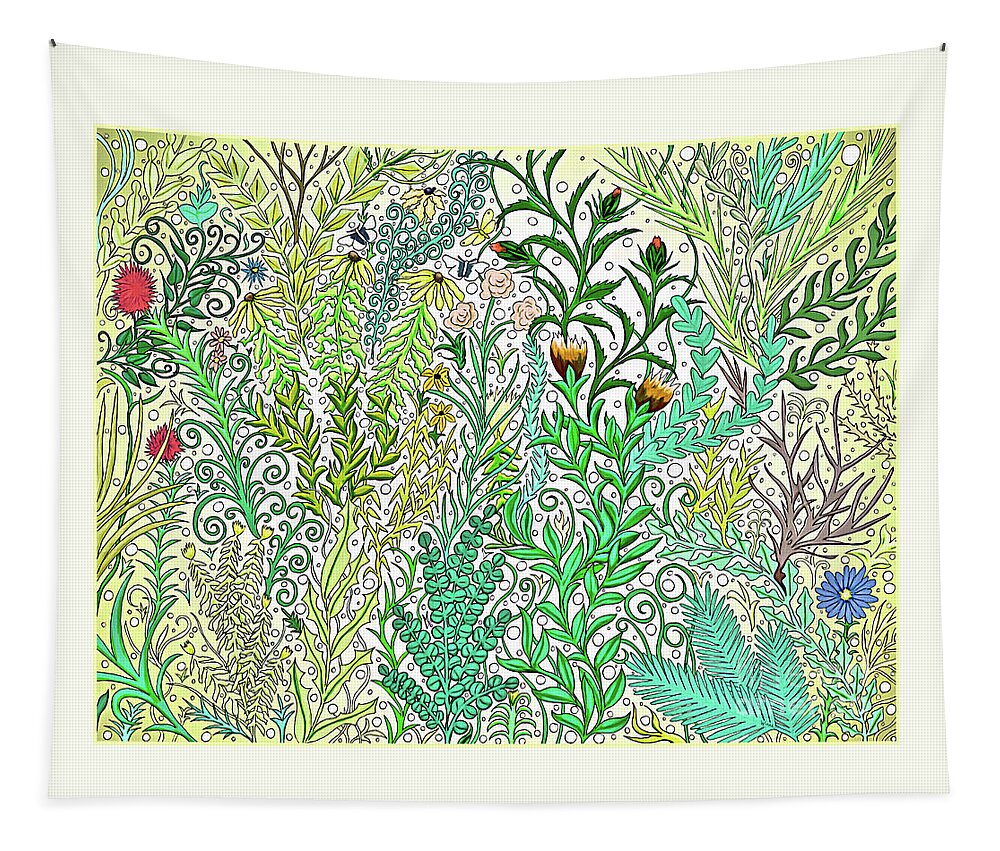 Lise Winne Tapestry featuring the digital art Flowers, Vines, Ferns and Butterflies with Yellow Backdrop by Lise Winne