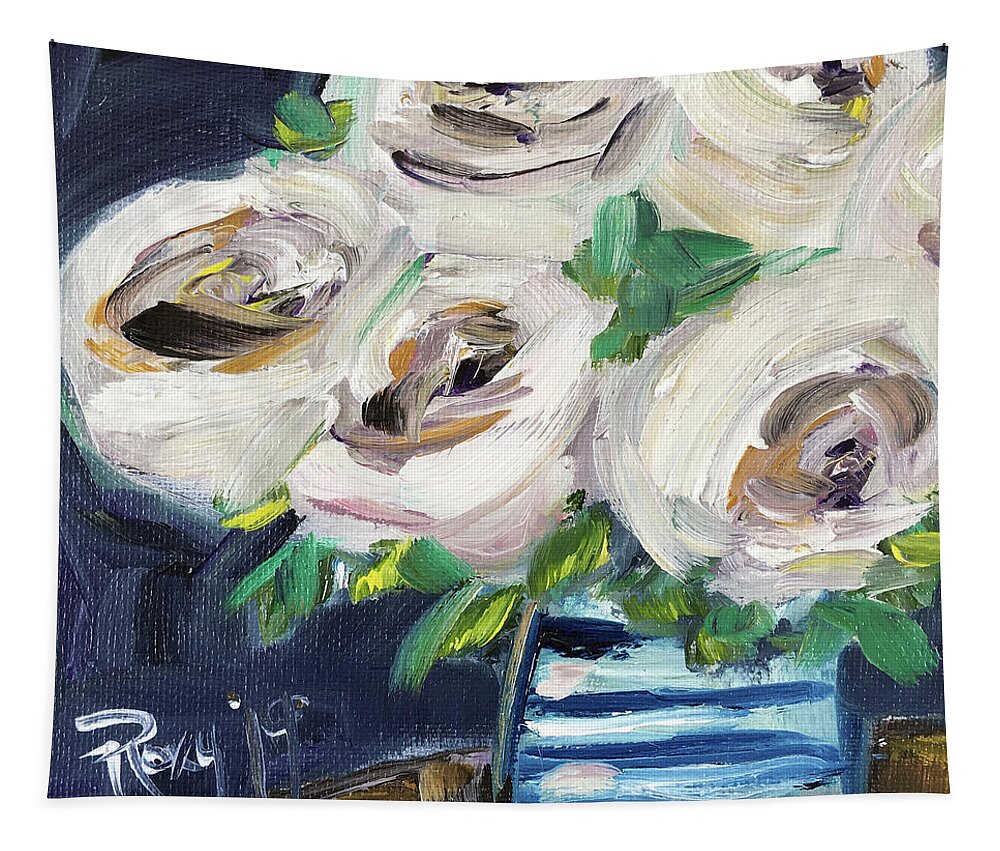 Roses Tapestry featuring the painting Fluffy White Roses by Roxy Rich