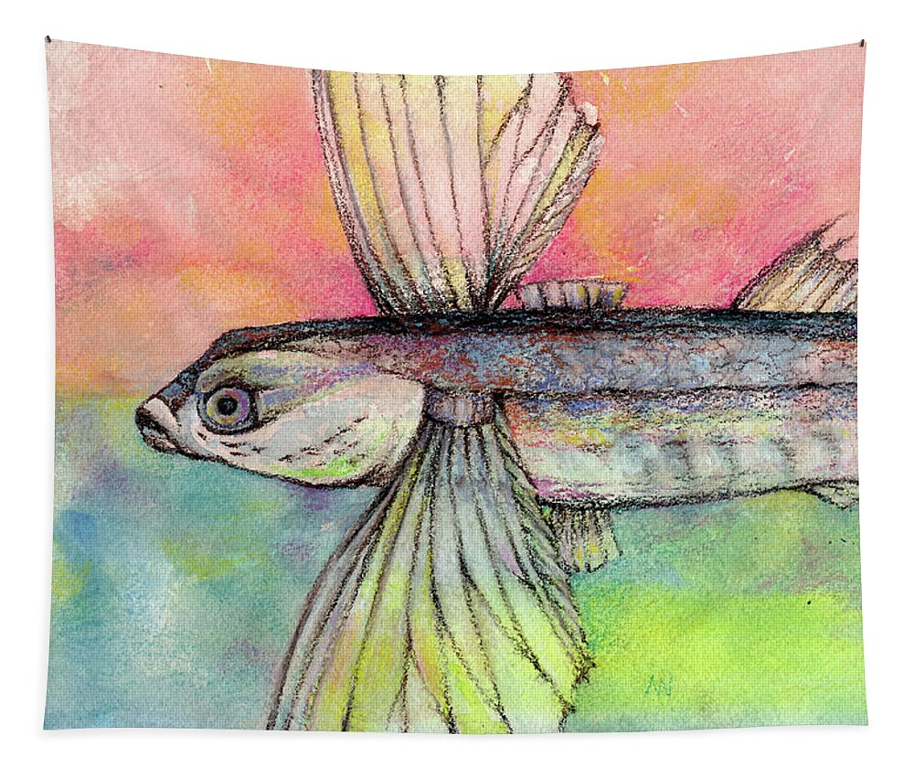 Flying Fish Tapestry featuring the pastel Flying Fish from Barbados by AnneMarie Welsh