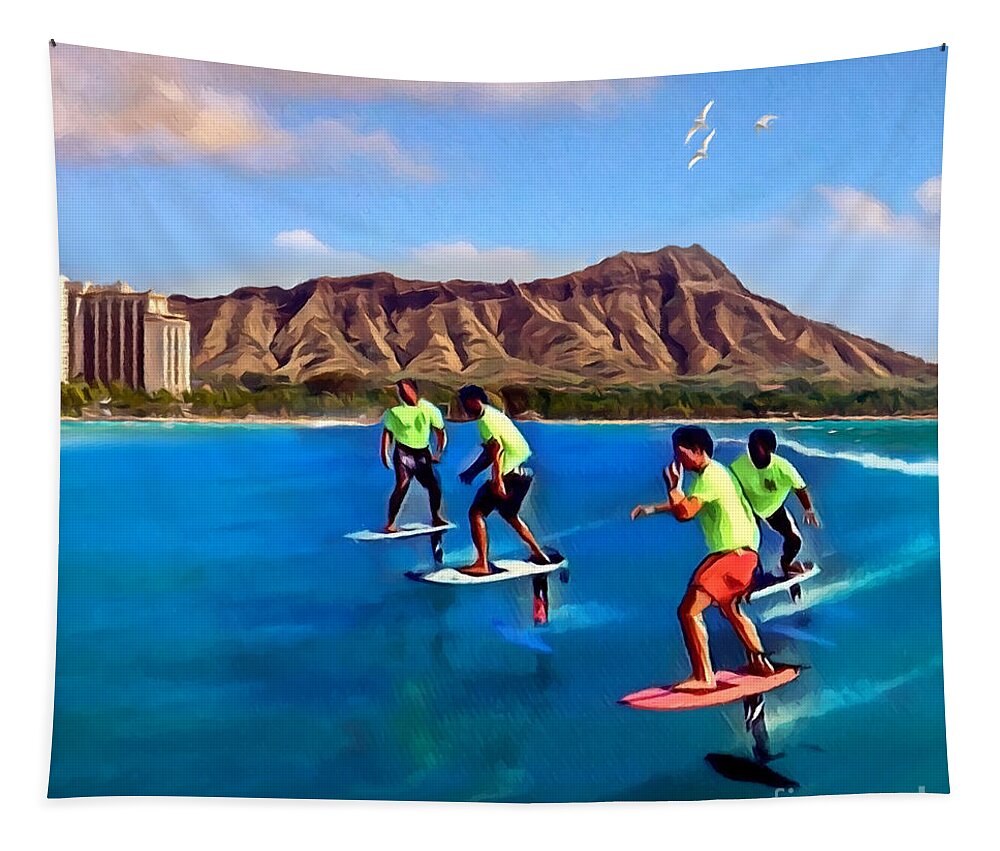 Foil Surfing Tapestry featuring the mixed media Foil surfing Waikiki beach by Carl Gouveia