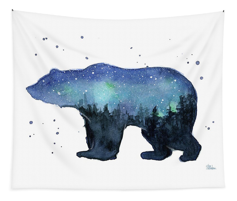 Galaxy Tapestry featuring the painting Forest Bear Watercolor Galaxy by Olga Shvartsur