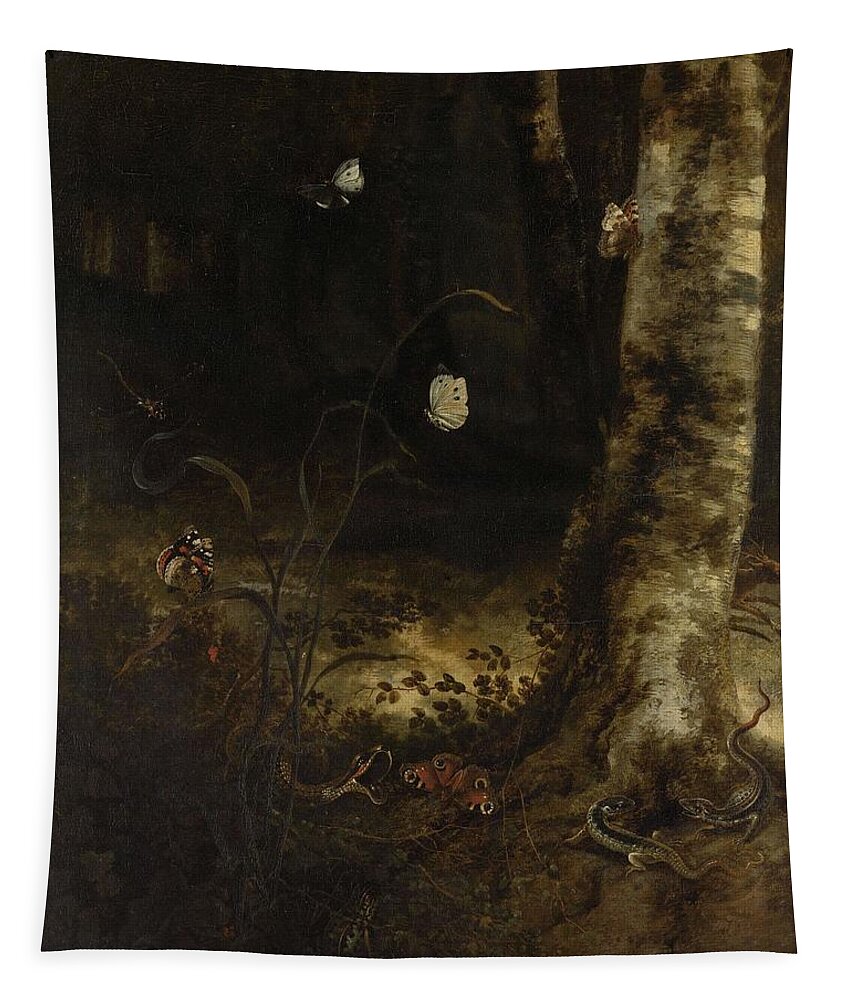 Canvas Tapestry featuring the painting Forest Floor with a Snake, Lizards, Butterflies and other Insects. by Otto Marseus van Schrieck