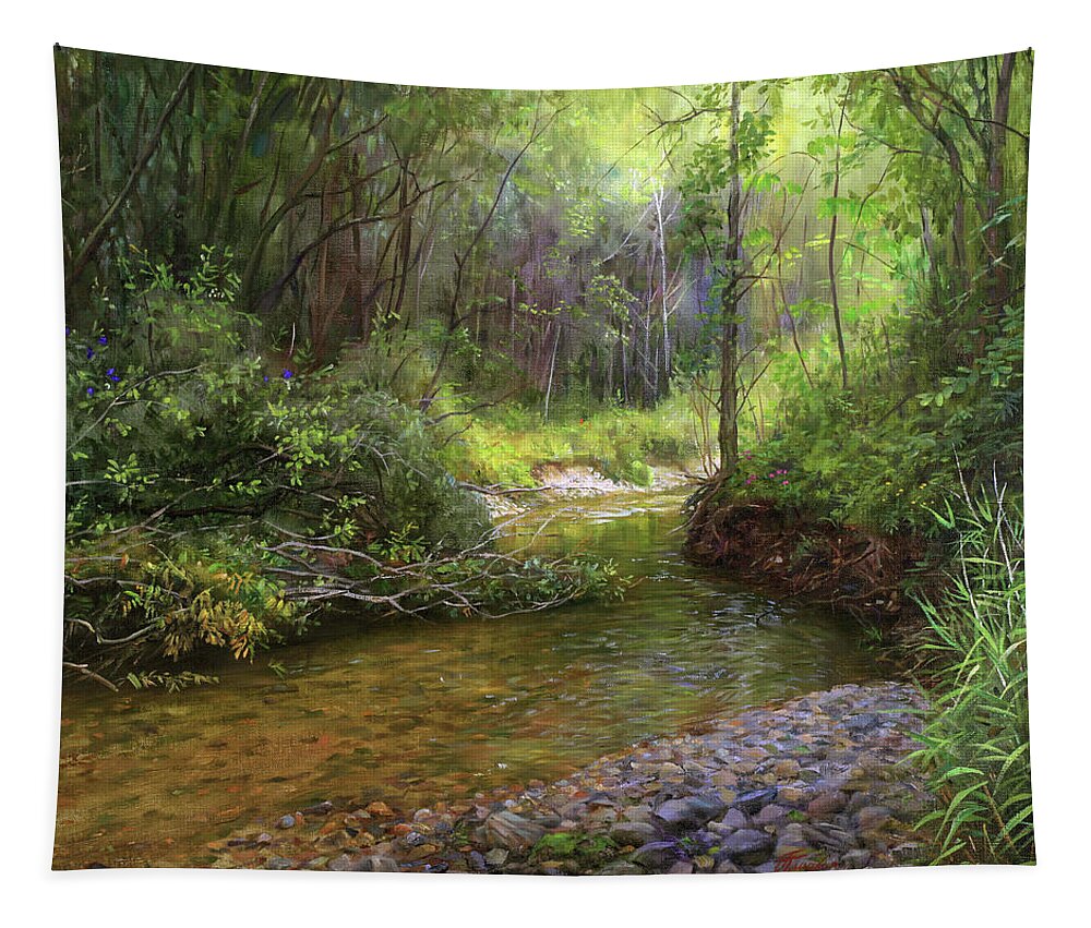 Landscape Tapestry featuring the painting Forest stream. by Galina Gladkaya