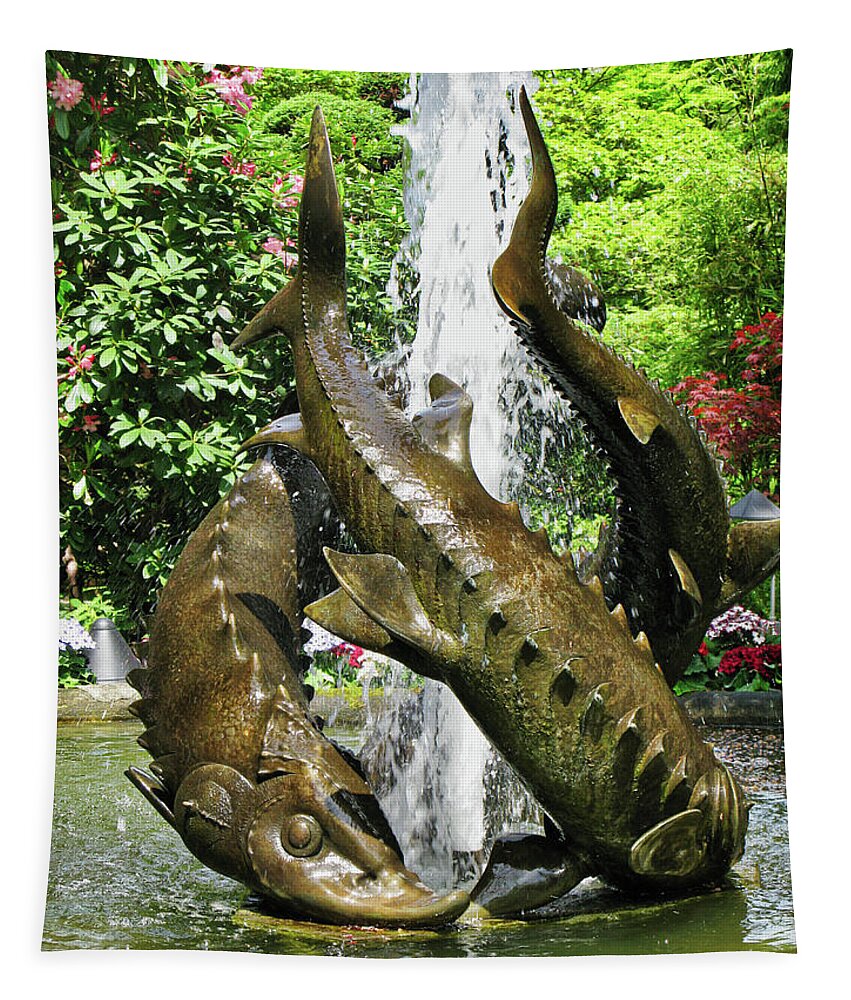 Canada Tapestry featuring the photograph Fountain sculpture, Butchart gardens, BC by Segura Shaw Photography