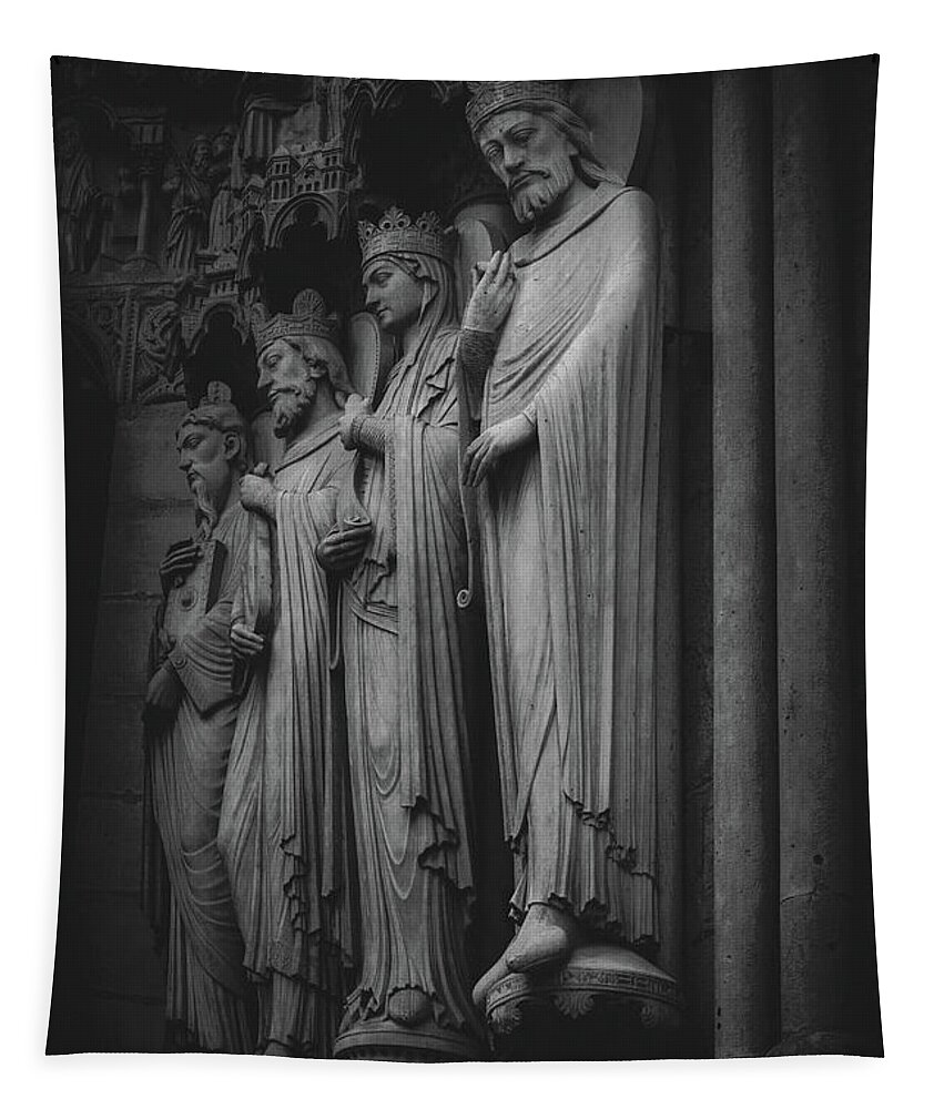 Black And White Tapestry featuring the photograph Four Figure Sculptures on Notre Dame, Paris 2016 by Liesl Walsh